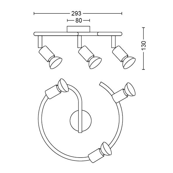 Diagramm einer Deckenleuchte mit vier verstellbaren Strahlern. Oben: rechteckige Anordnung. Unten: runde Anordnung. Maße: 293x130 mm.