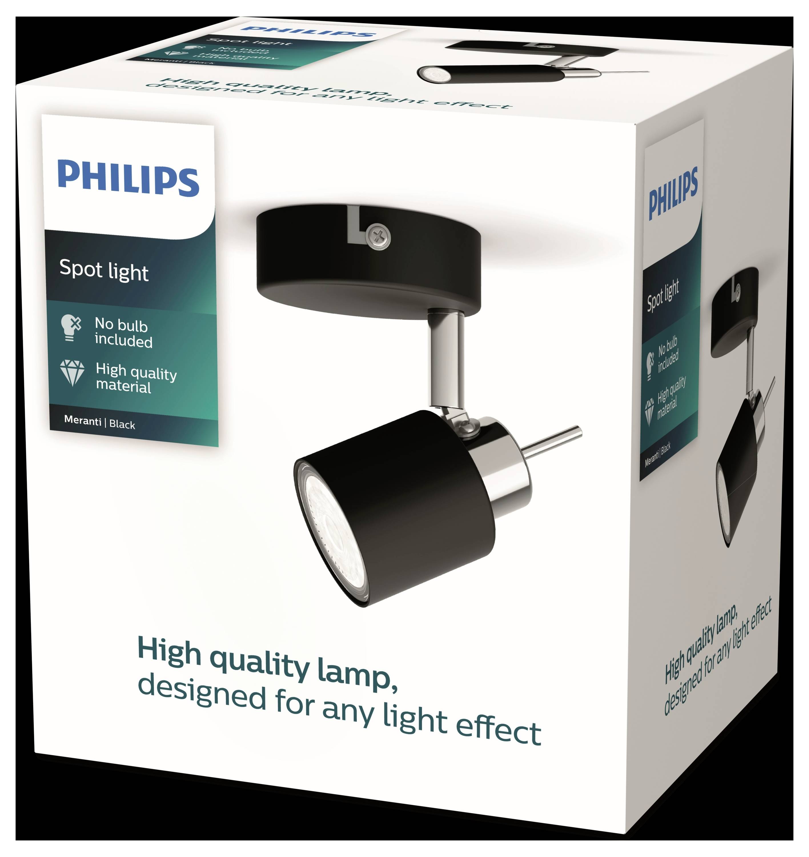'Philips Spot Light' Verpackung mit schwarzem Strahler. Text: 'Keine Glühbirne enthalten', 'Hochwertiges Material', 'Schwarz'.