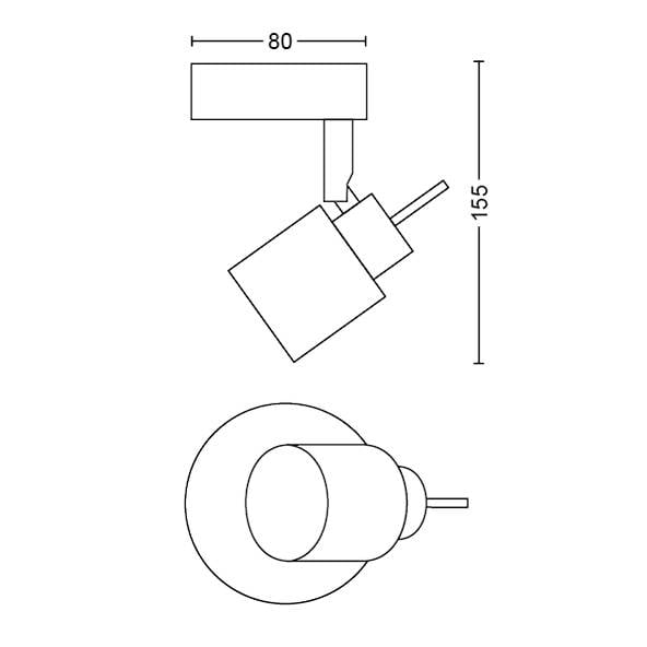 Technische Zeichnung einer Wandleuchte mit den Maßen 80 mm Breite und 155 mm Höhe, im Profil und von oben dargestellt.