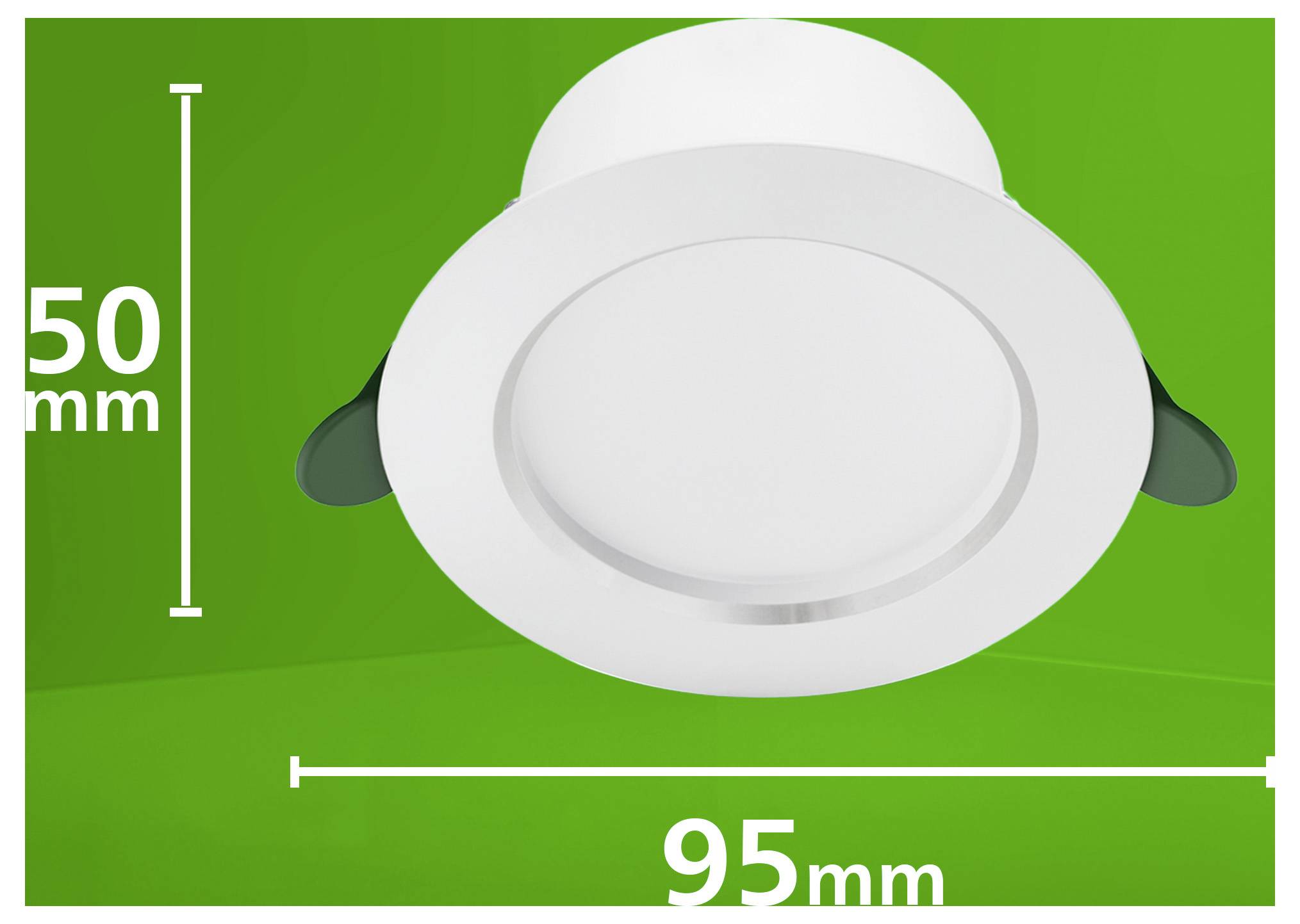 Vorderansicht einer runden weißen Einbauleuchte auf grünem Hintergrund, mit der Beschriftung 95 mm breit und 50 mm hoch.