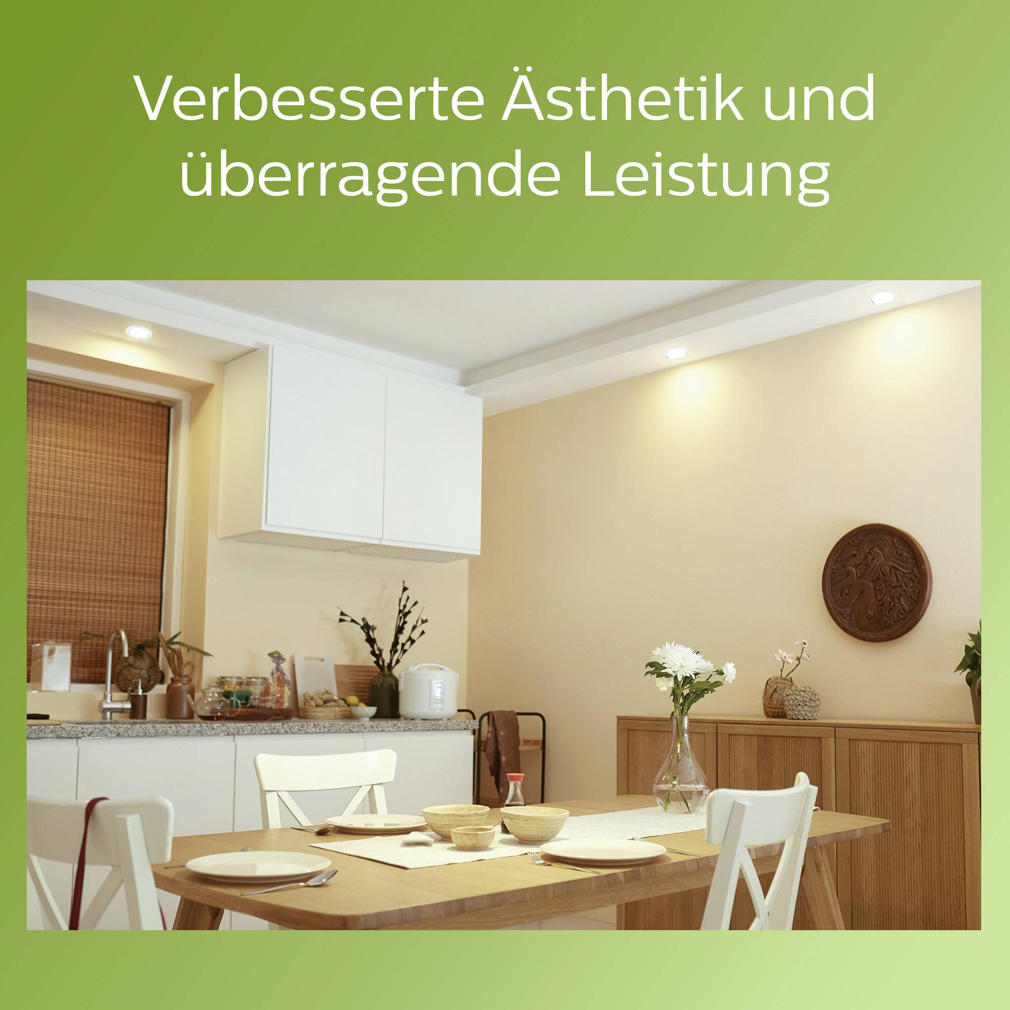 Gemütliche Küche mit Holz-Esstisch, weißem Regal und Pflanzen. Text: 'Verbesserte Ästhetik und überragende Leistung'.