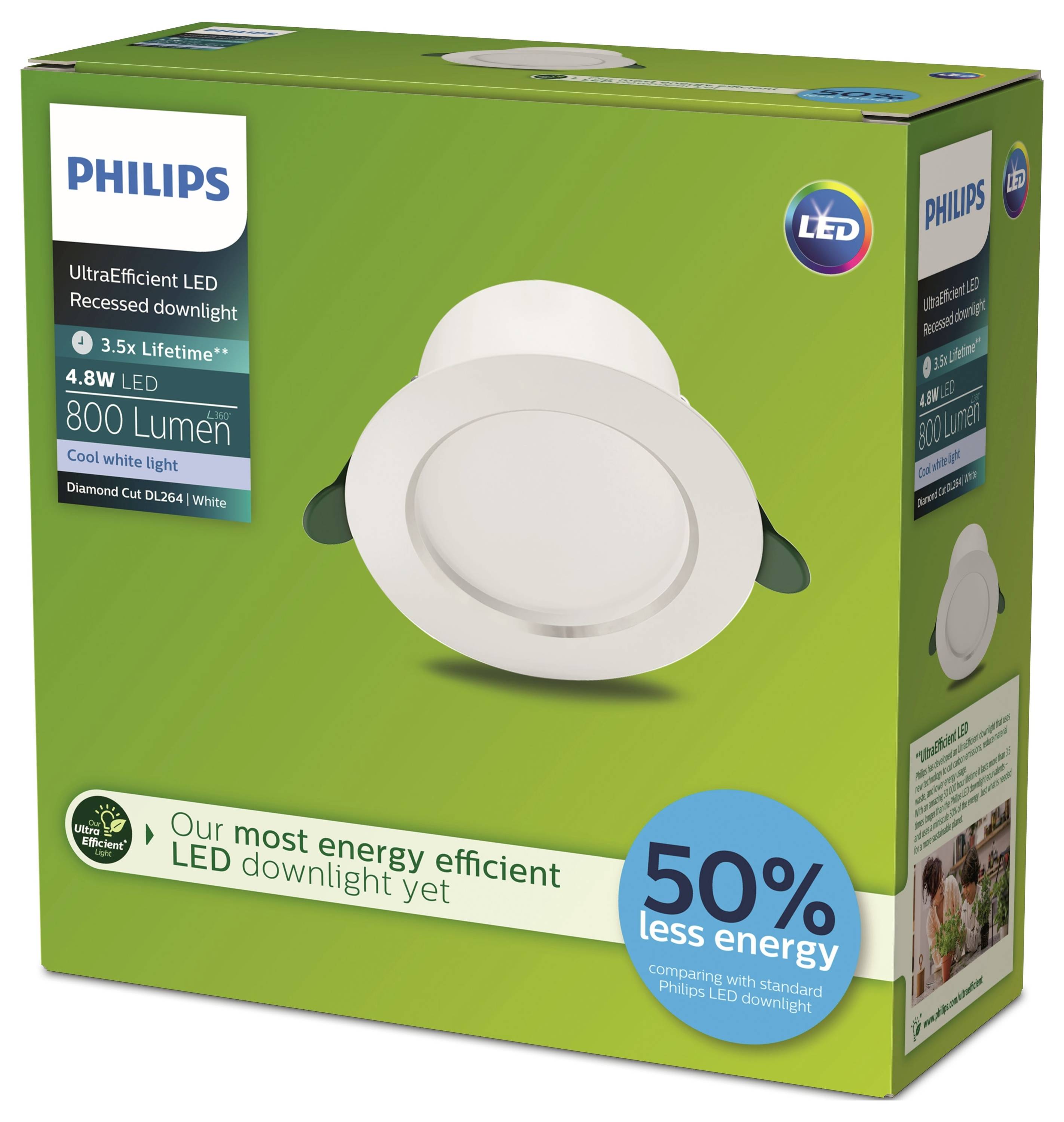 Philips LED-Einbauleuchte-Verpackung. Text betont Energieeffizienz: '50% weniger Energie'. Produktbild in der Mitte.