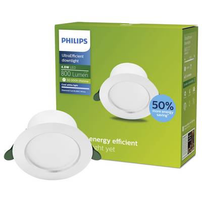 Philips UltraEfficient LED-Einbauleuchte mit Angabe von 4,8W, 800 Lumen, 50.000 Stunden Lebensdauer und „50% mehr Energieeinsparung"
