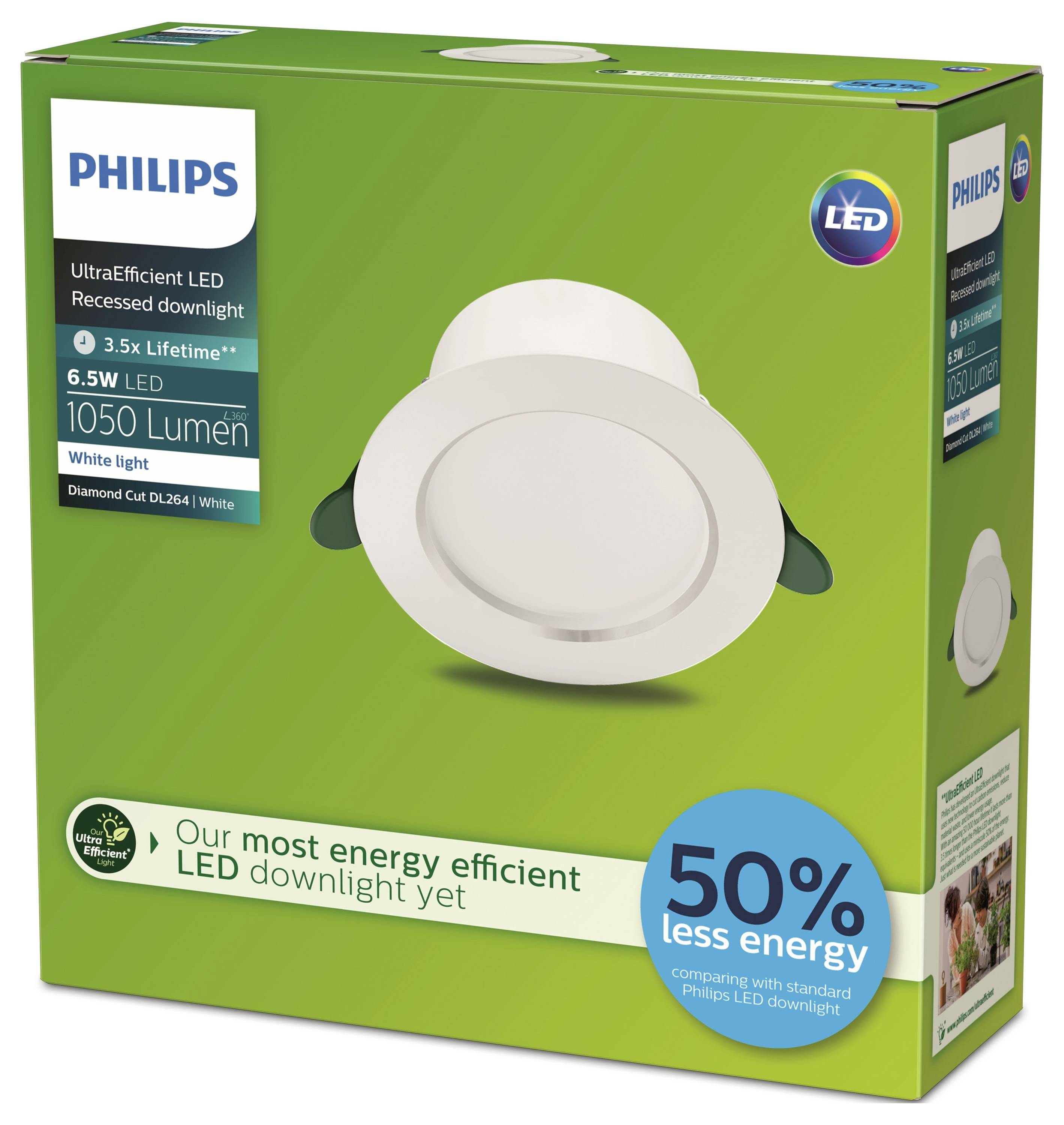 'Philips UltraEfficient LED-Einbauspot, 6,5W, 1050 Lumen, 50 % weniger Energie, weiße Ausführung, langlebig, energieeffizient.'