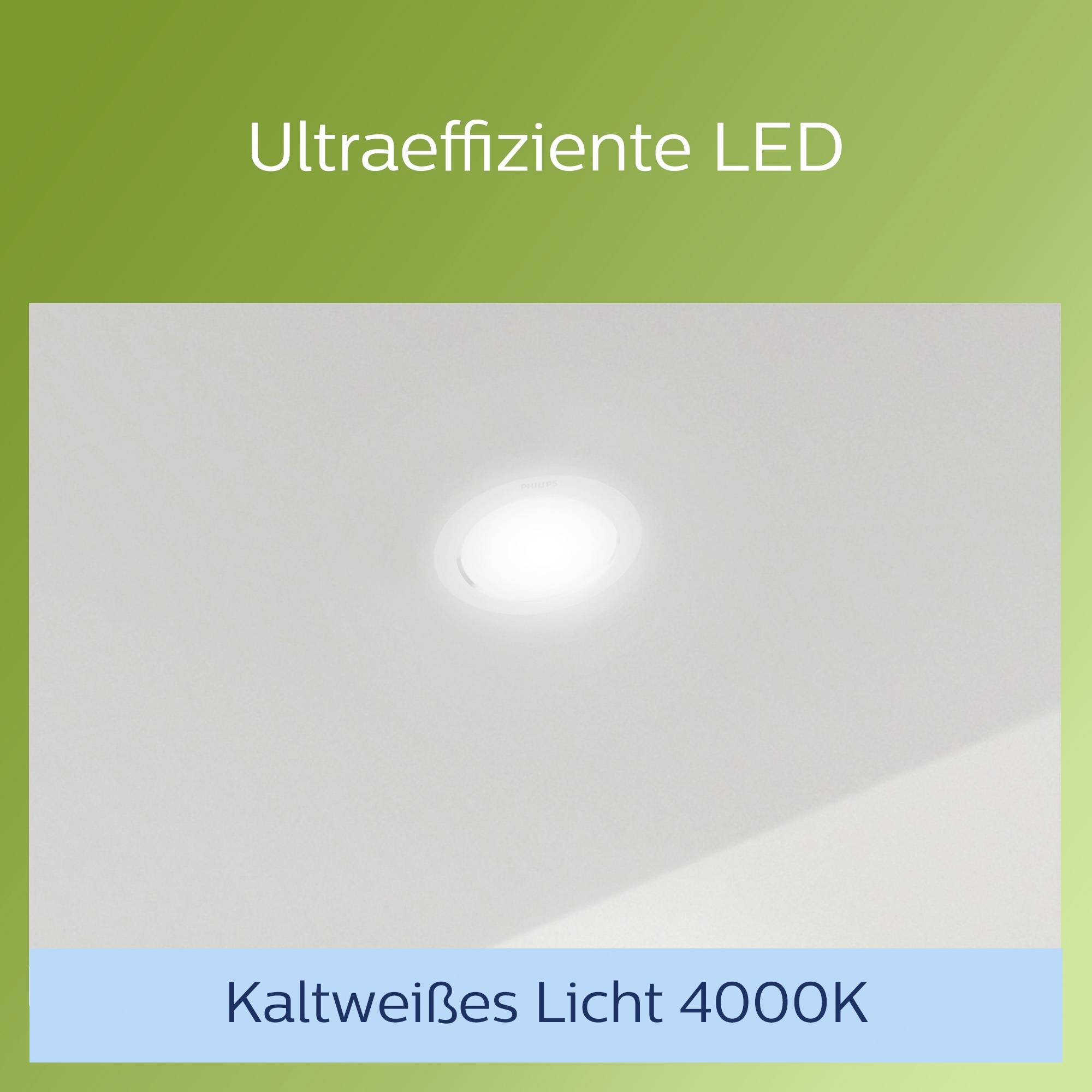 Eine einzelne LED-Deckenlampe leuchtet kaltweiß. Text oben: 'Ultraeffiziente LED'. Unten: 'Kaltweißes Licht 4000K'.