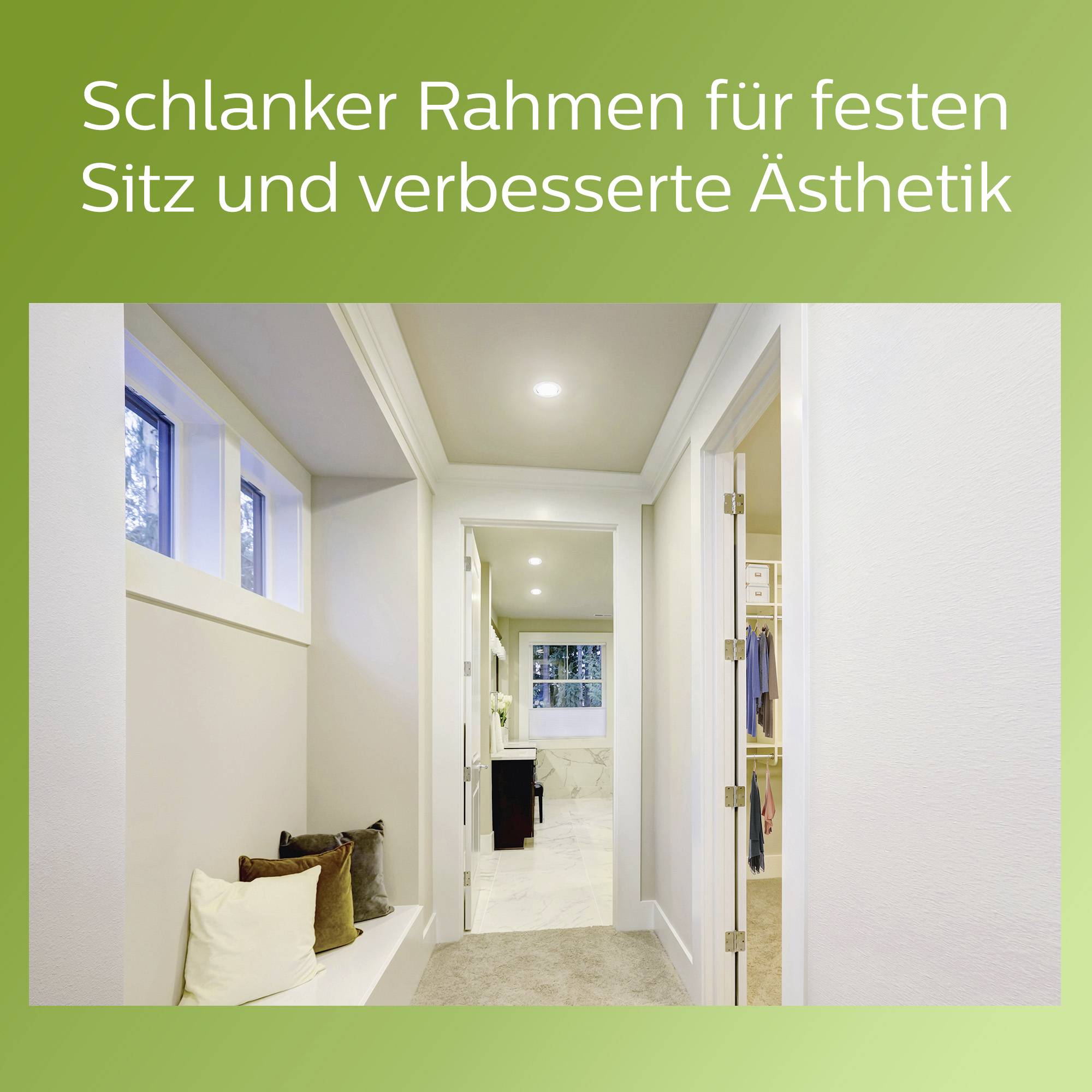Ein stilvoller Flur mit modernen weißen Türen und beige Wänden. Der Text darüber lautet: 'Schlanker Rahmen für festen Sitz und verbesserte Ästhetik'.