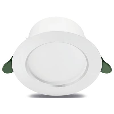 Eine weiße runde Einbauleuchte mit glattem Rand, geeignet für Deckeneinbau. Sie hat zwei grüne Clips an den Seiten für die Befestigung.