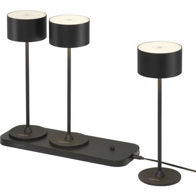 'Drei schwarze LED-Lampen auf rechteckiger Basis, verbunden über ein Kabel, betont minimalistisches Design und Funktionalität.'