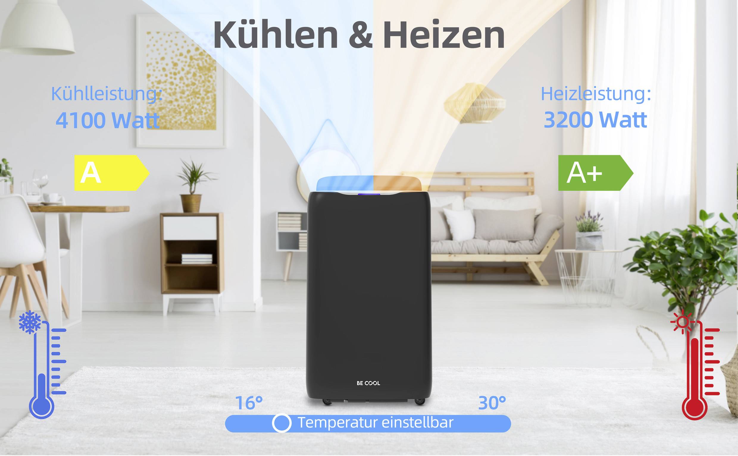 Klimagerät in modernem Wohnzimmer, zeigt Kühlleistung von 4100 Watt mit Energieeffizienzklasse A, Heizleistung von 3200 Watt, A+.