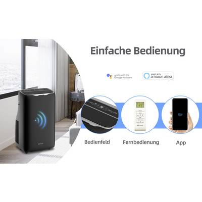 'Luftreiniger im Raum mit Bedienfeld, Fernbedienung und Smartphone-App sichtbar. Kompatibel mit Google Assistant und Amazon Alexa.'
