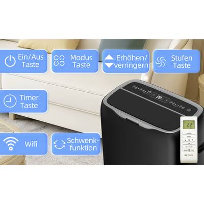 Ein mobiles Klimagerät mit Bedienfeld und Fernbedienung. Funktionen: Ein/Aus, Modus, Timer, Temperatur erhöhen/verringern, Stufen, Wifi, Schwenkfunktion.
