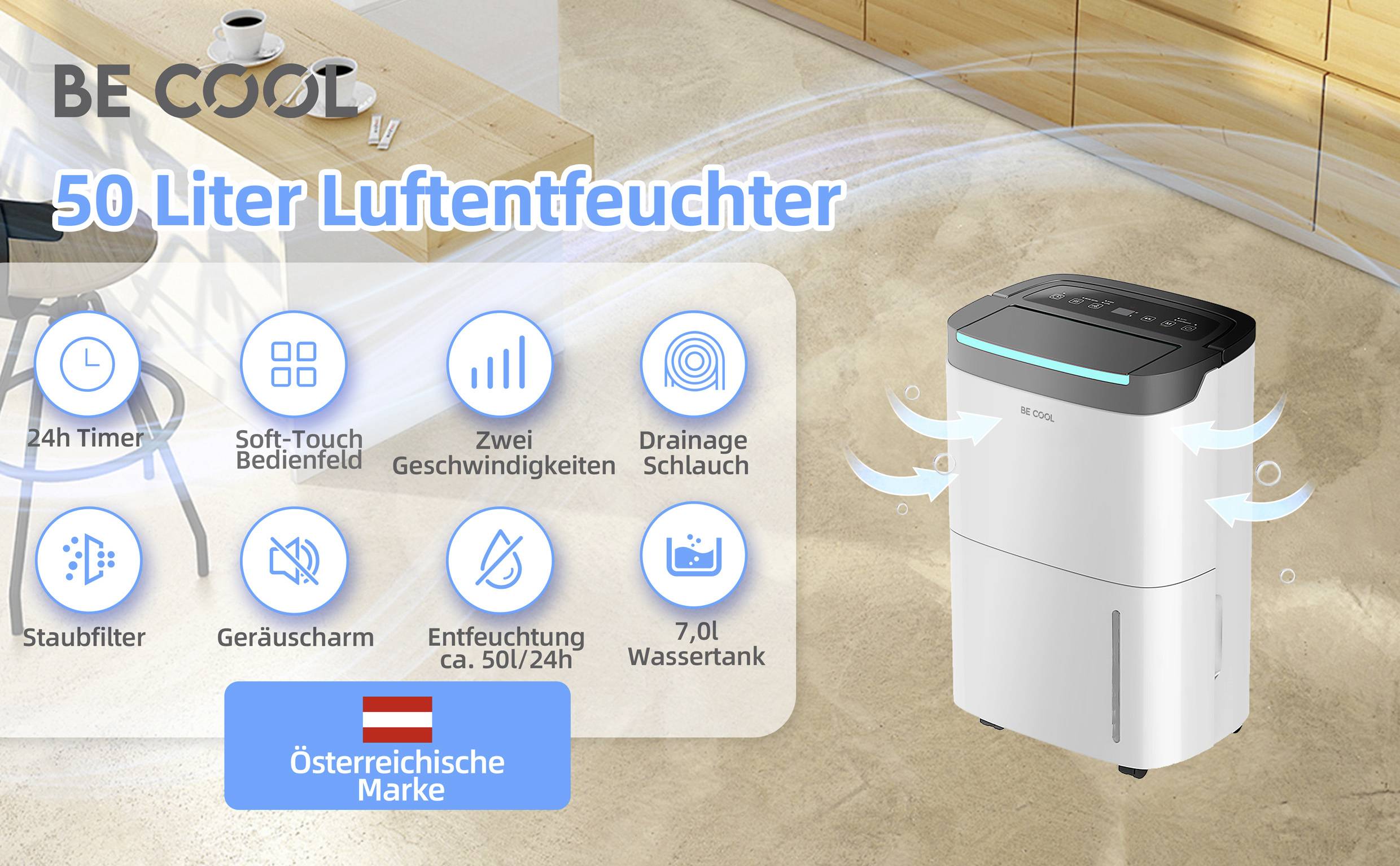'BE COOL 50 Liter Luftentfeuchter' in heller Küche, Funktionen: 24h Timer, Soft-Touch, zwei Geschwindigkeiten, Drainage. Österreichische Marke.