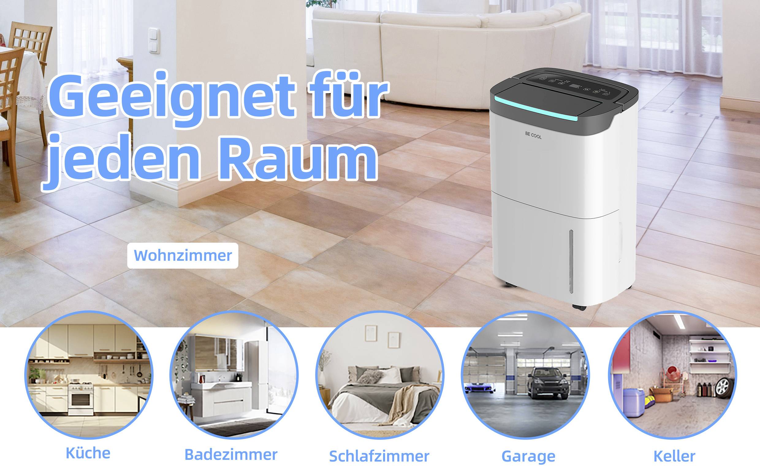 Ein Luftentfeuchter steht in einem Wohnzimmer. Text: 'Geeignet für jeden Raum' mit weiteren Raumfotos: Küche, Badezimmer, Schlafzimmer, Garage, Keller.