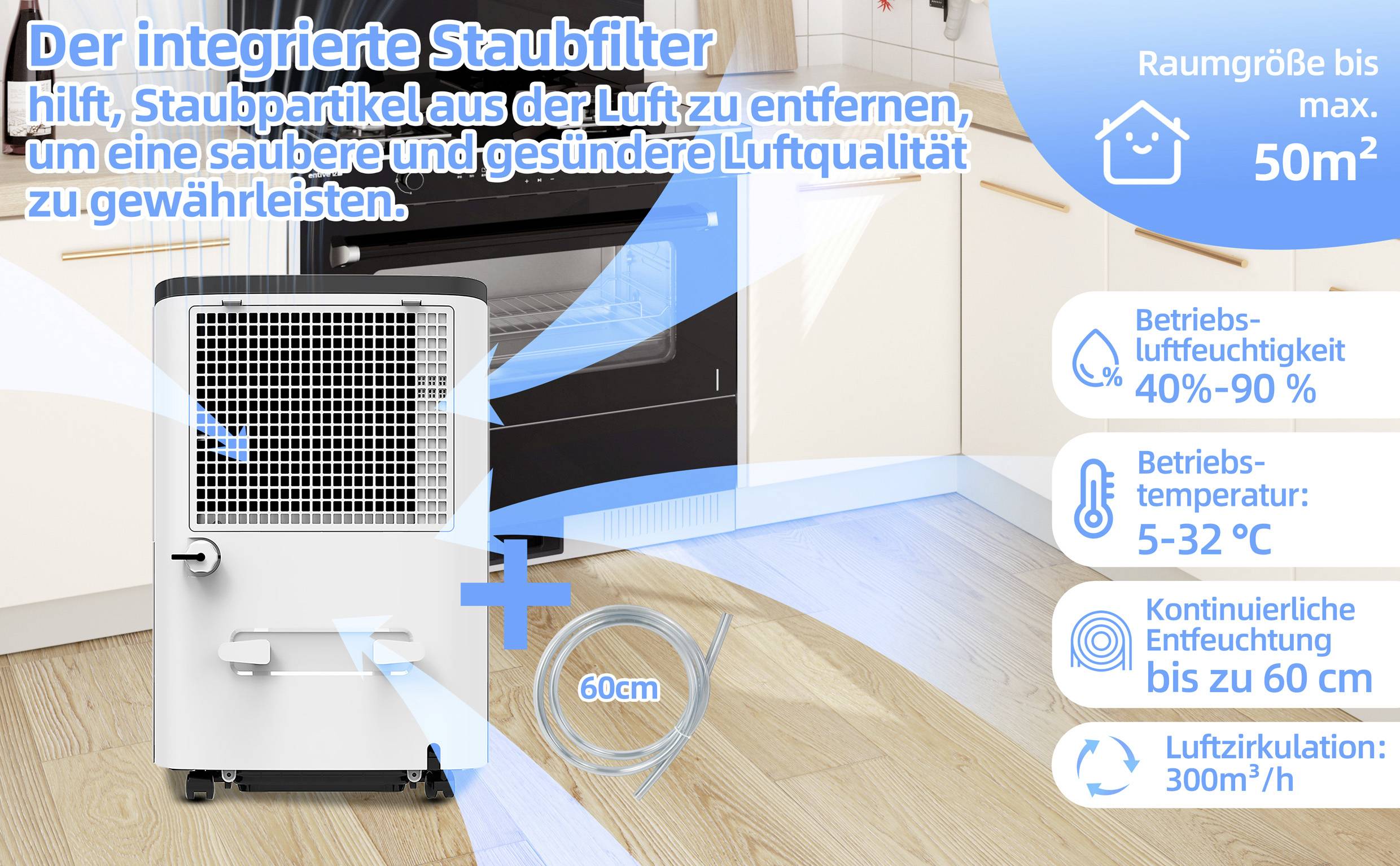 Ein Luftreiniger steht in einer Küche. Text beschreibt die Vorteile: 'Integrierter Staubfilter' für 'saubere Luftqualität'. Details zur Raumgröße und Betriebsbedingungen sind angegeben.
