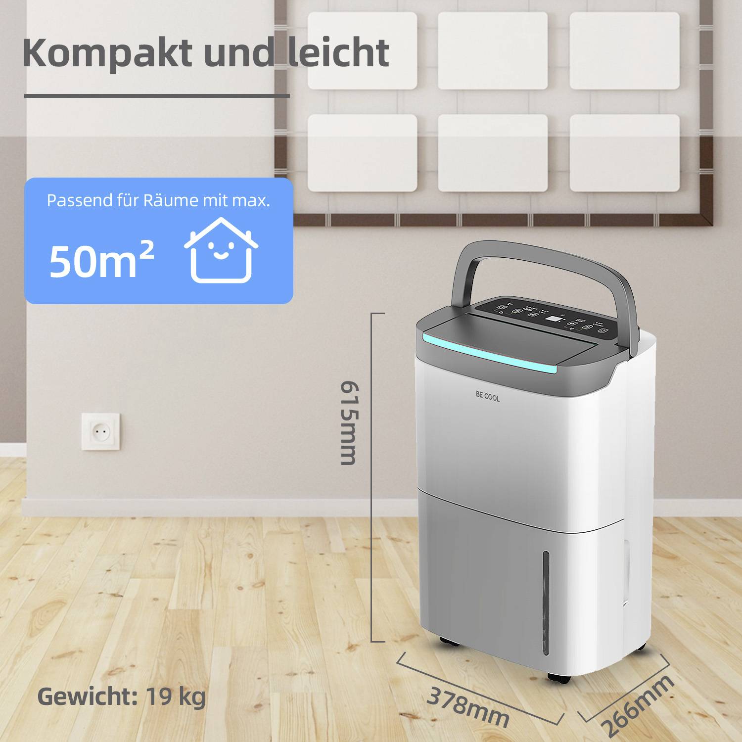 Luftentfeuchter vor einer Wand. Text im Bild: 'Kompakt und leicht', mit Raumkapazität, Gewicht und Produktabmessungen.
