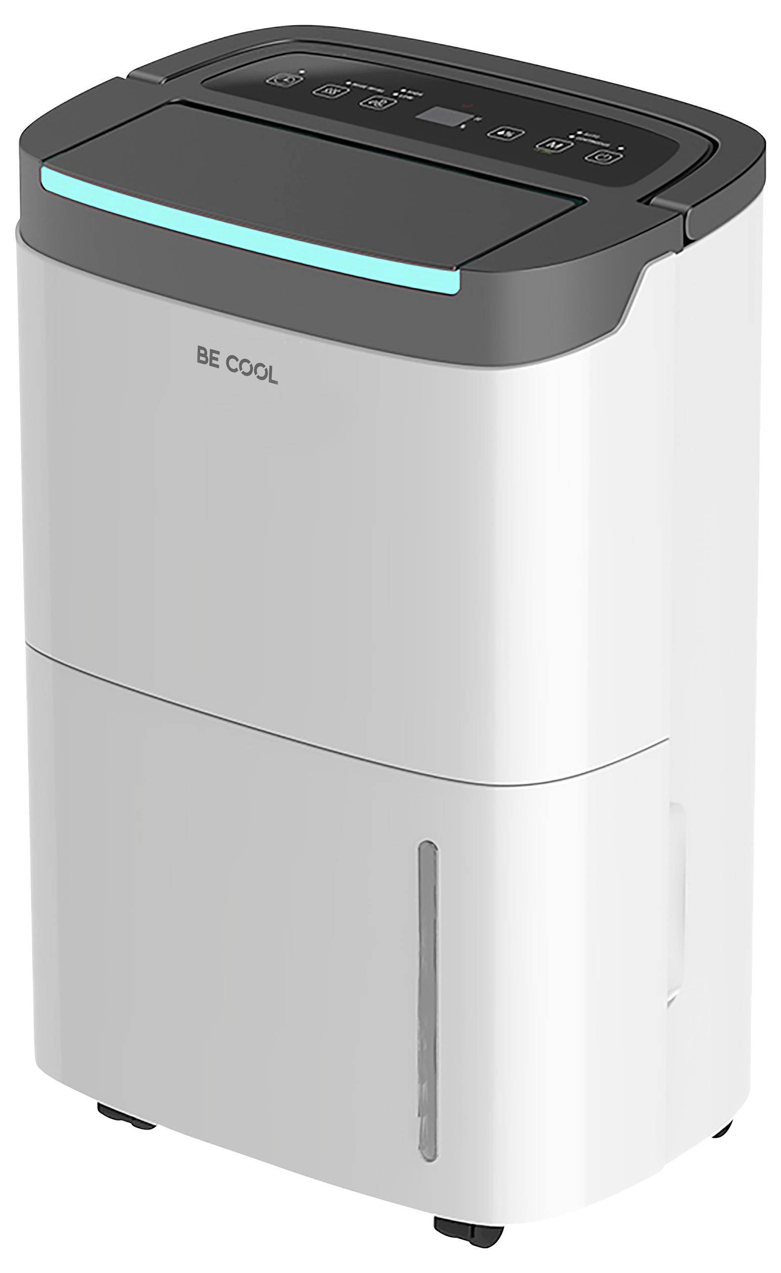 Luftentfeuchter in weißem, modernem Design mit schwarzer Oberseite und Anzeigeleiste. Markenname 'BE COOL' ist sichtbar.