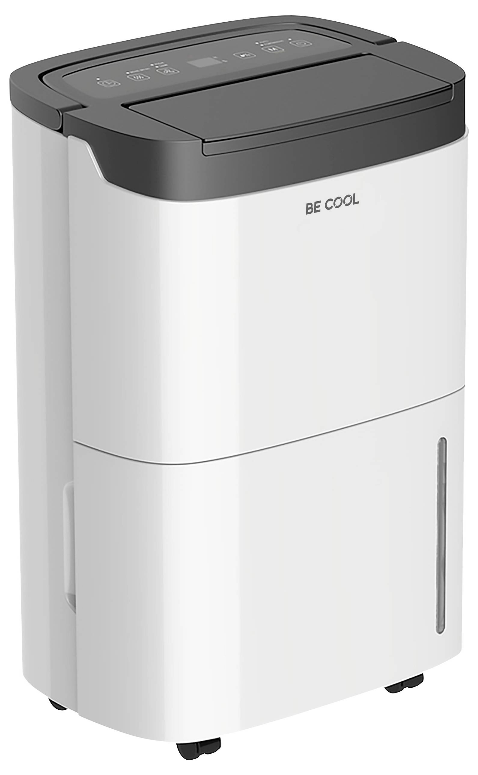 Ein weißer Luftentfeuchter mit der Aufschrift 'BE COOL' auf der Vorderseite, schwarzer Bedienfeld oben, kompakt und mobil.