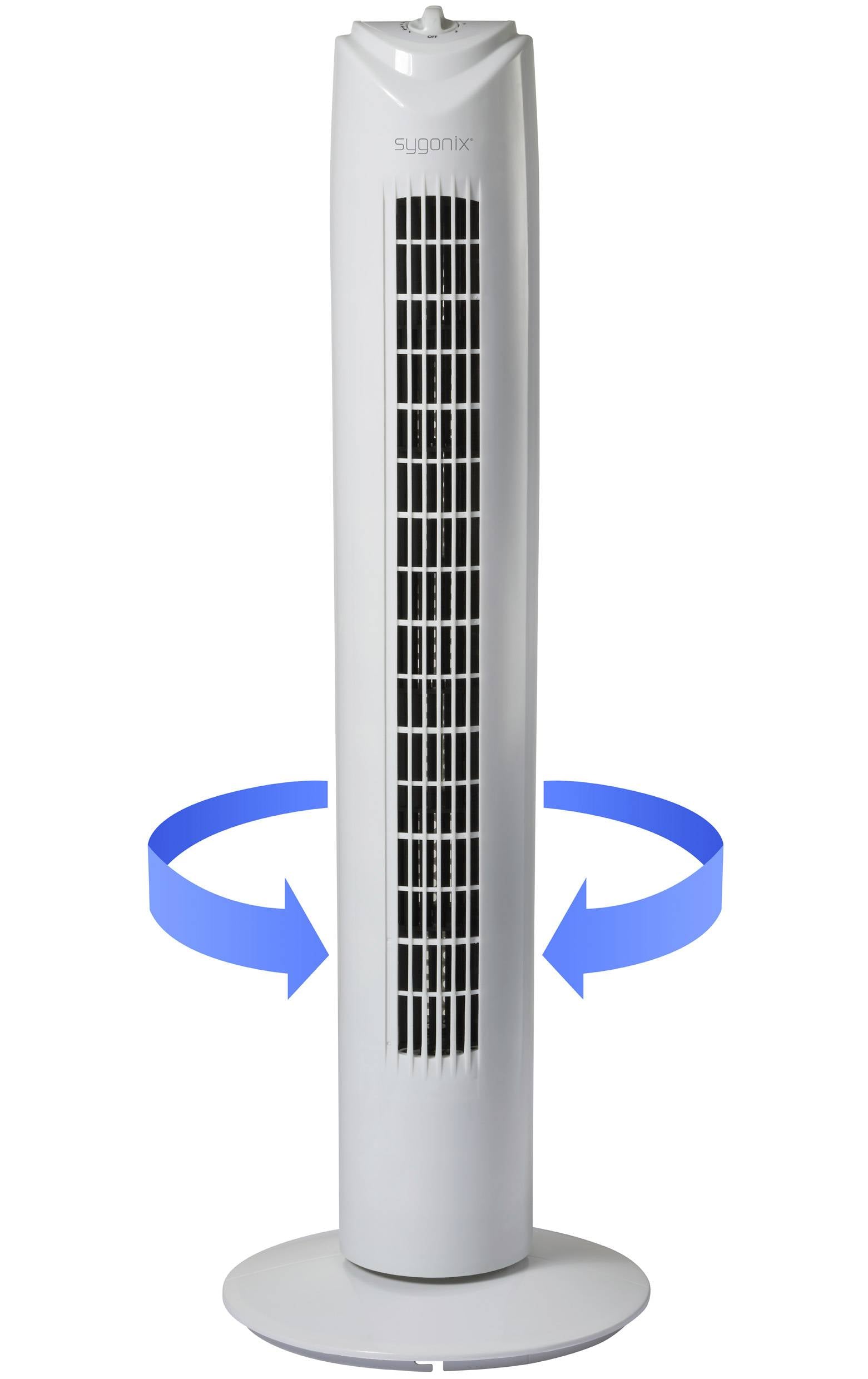 Ein weißer Turmventilator mit Oszillationsfunktion; blaue Pfeile zeigen die Drehbewegung an.