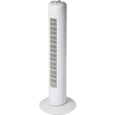 Weißer, schlanker Turmventilator auf rundem Sockel mit Bedienknopf oben.