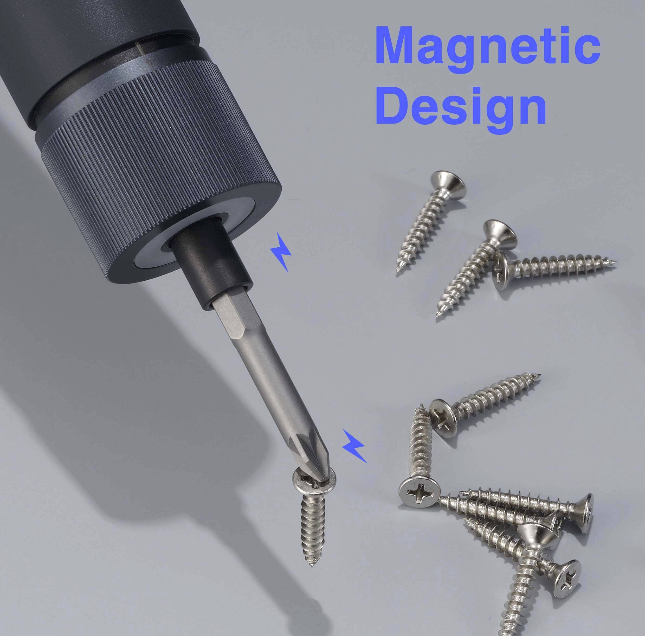 Ein magnetischer Schraubendreher hebt eine Schraube an, während andere Schrauben daneben liegen. Text: 'Magnetic Design'.
