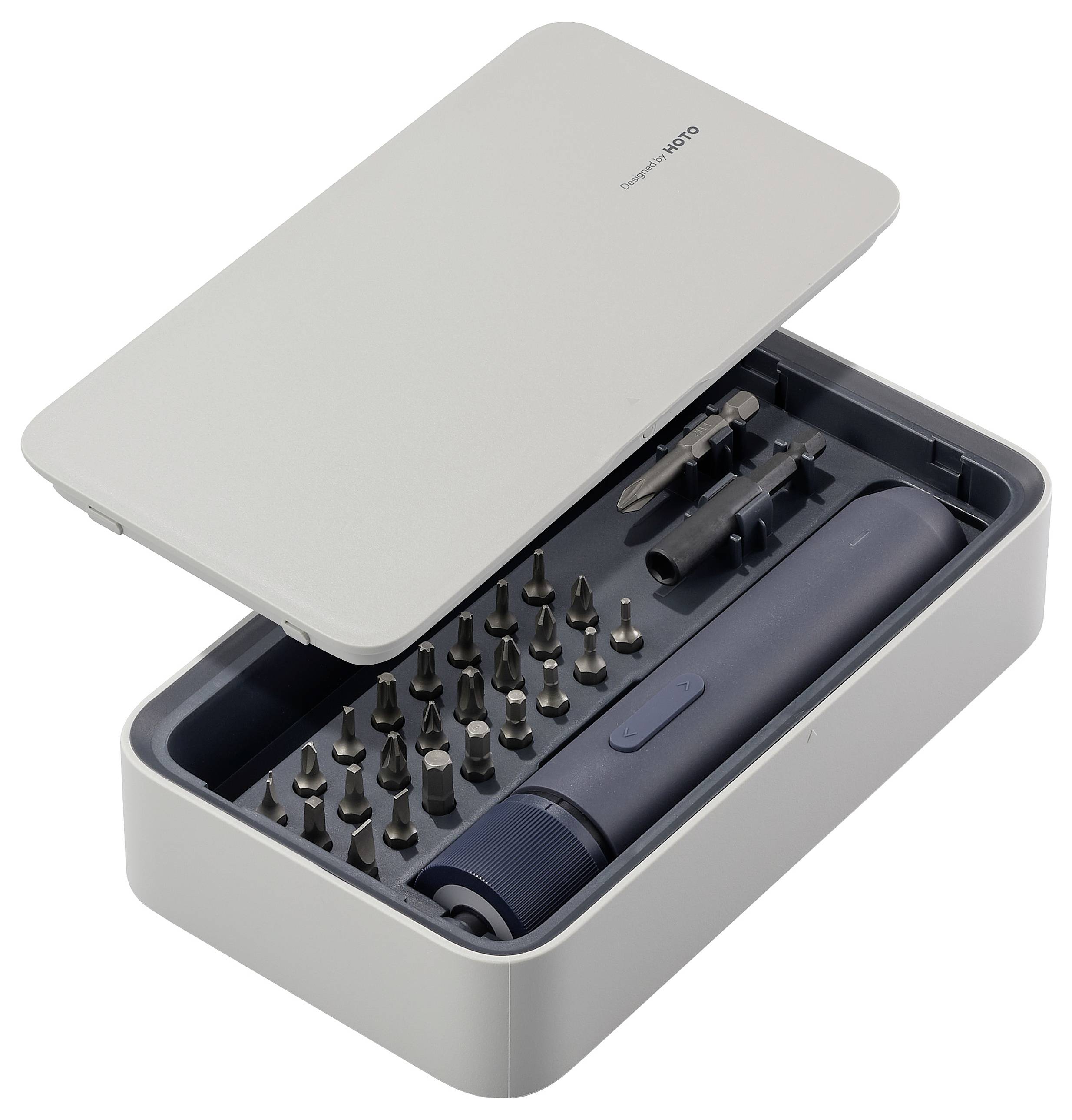 Ein graues Schraubendreher-Set mit mehreren Bits in verschiedenen Formen in einem offenen Etui.