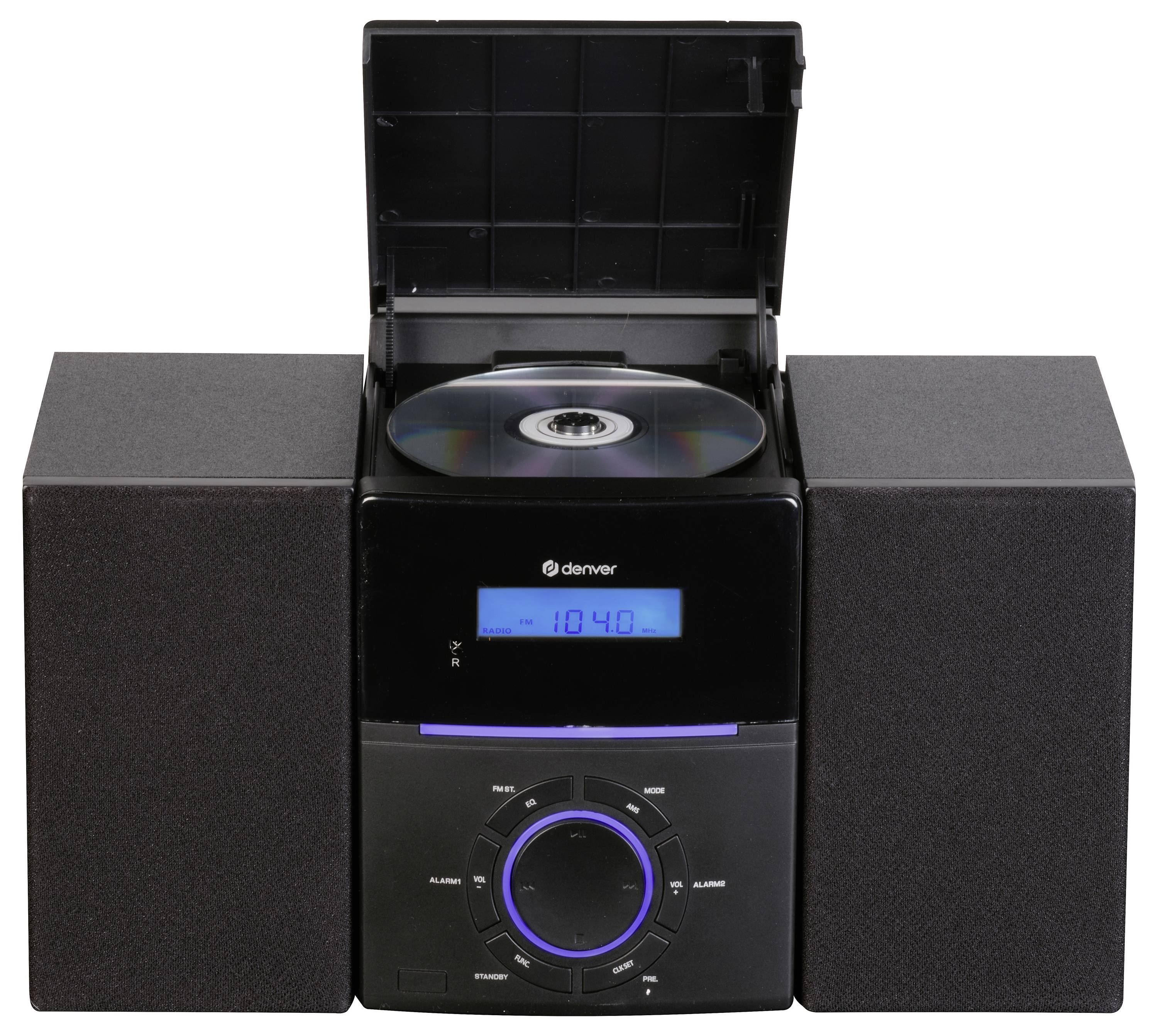 Eine schwarze Stereoanlage mit zwei Lautsprechern und offenem CD-Fach, in dem sich eine CD befindet. Ein Display zeigt '10:49'.