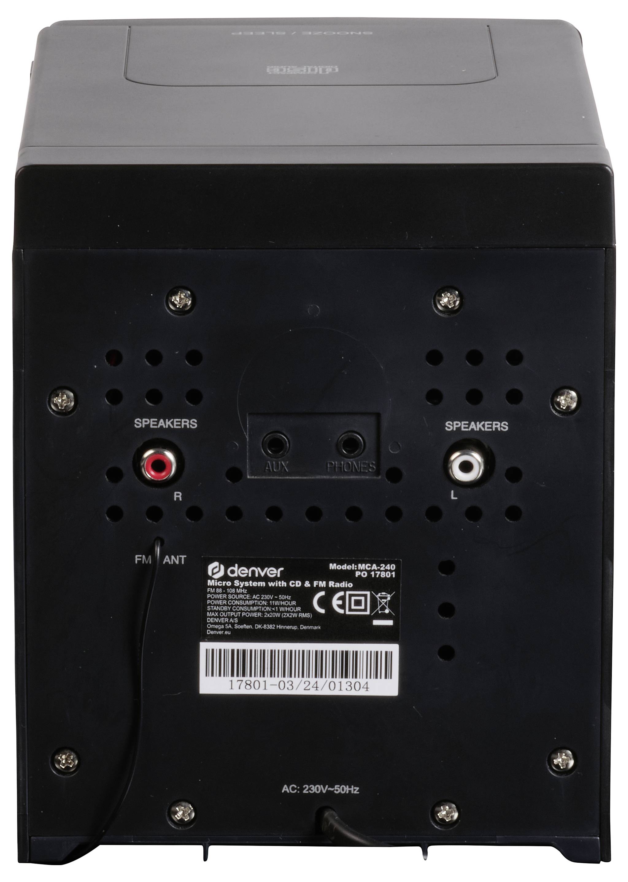 Rückseite eines schwarzen Audio-Geräts mit Lautsprecheranschlüssen, AUX-Eingang und Modellinformation.