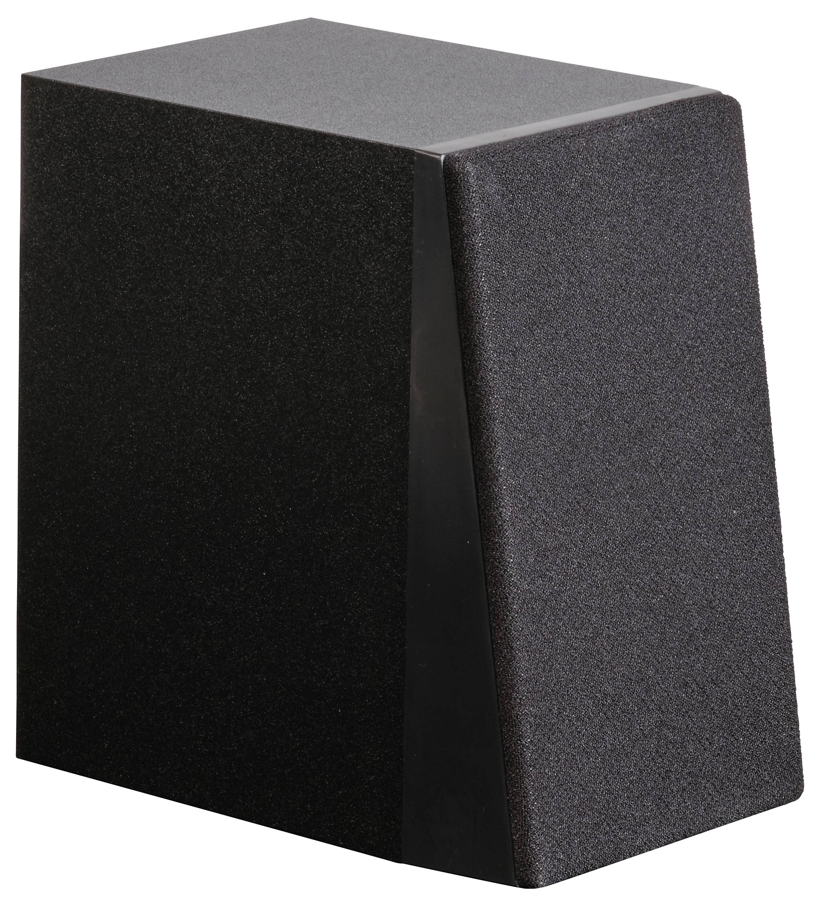 Schwarzer Lautsprecher mit rechteckigem Design und abgeschrägter Front. Ideal für Audioausgabe in kleinen bis mittelgroßen Räumen.