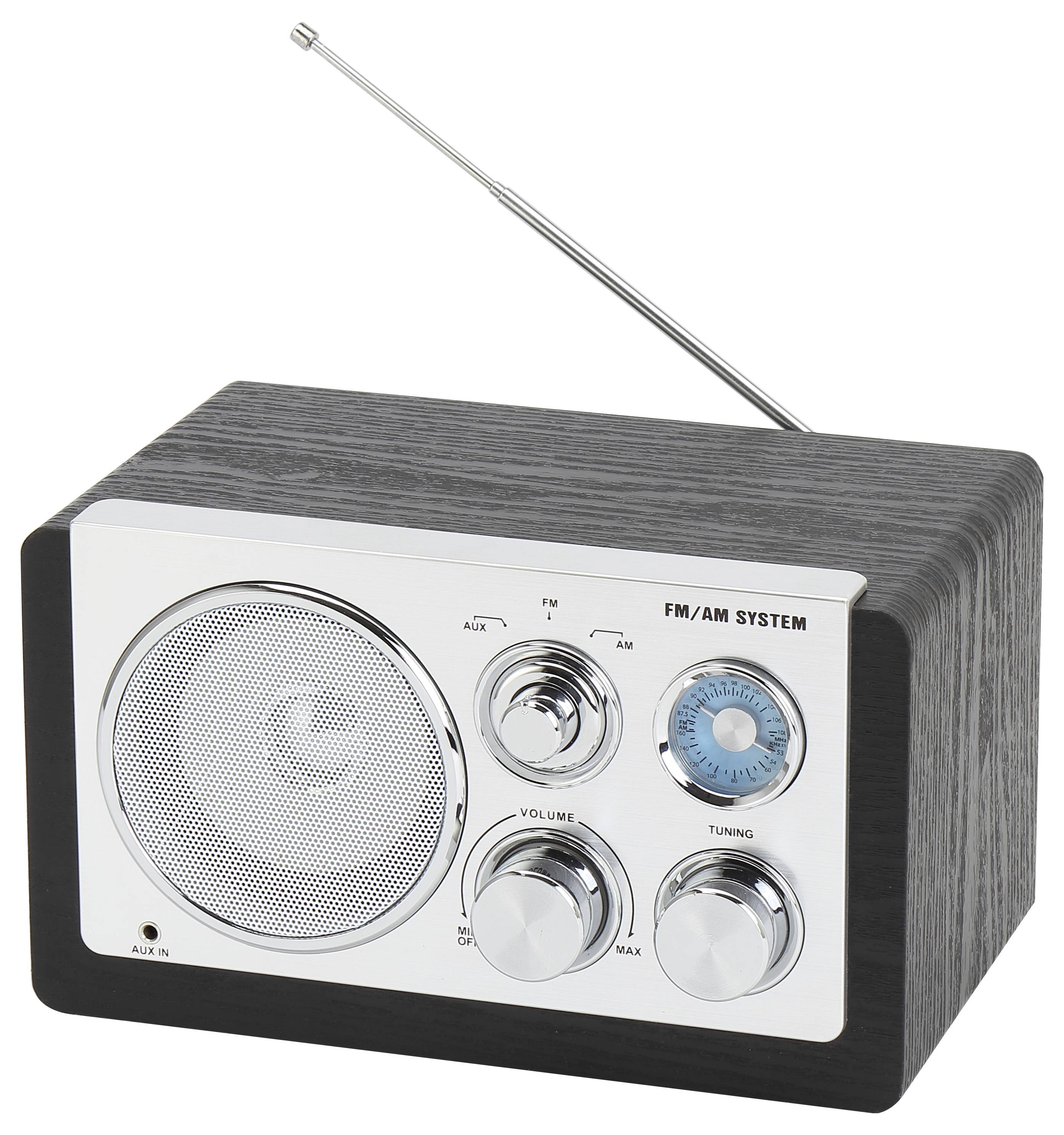 Ein schwarzes, rechteckiges FM/AM-Radio mit silbernen Knöpfen und ausziehbarer Antenne. Es hat Bedienelemente für Lautstärke und Tuning.