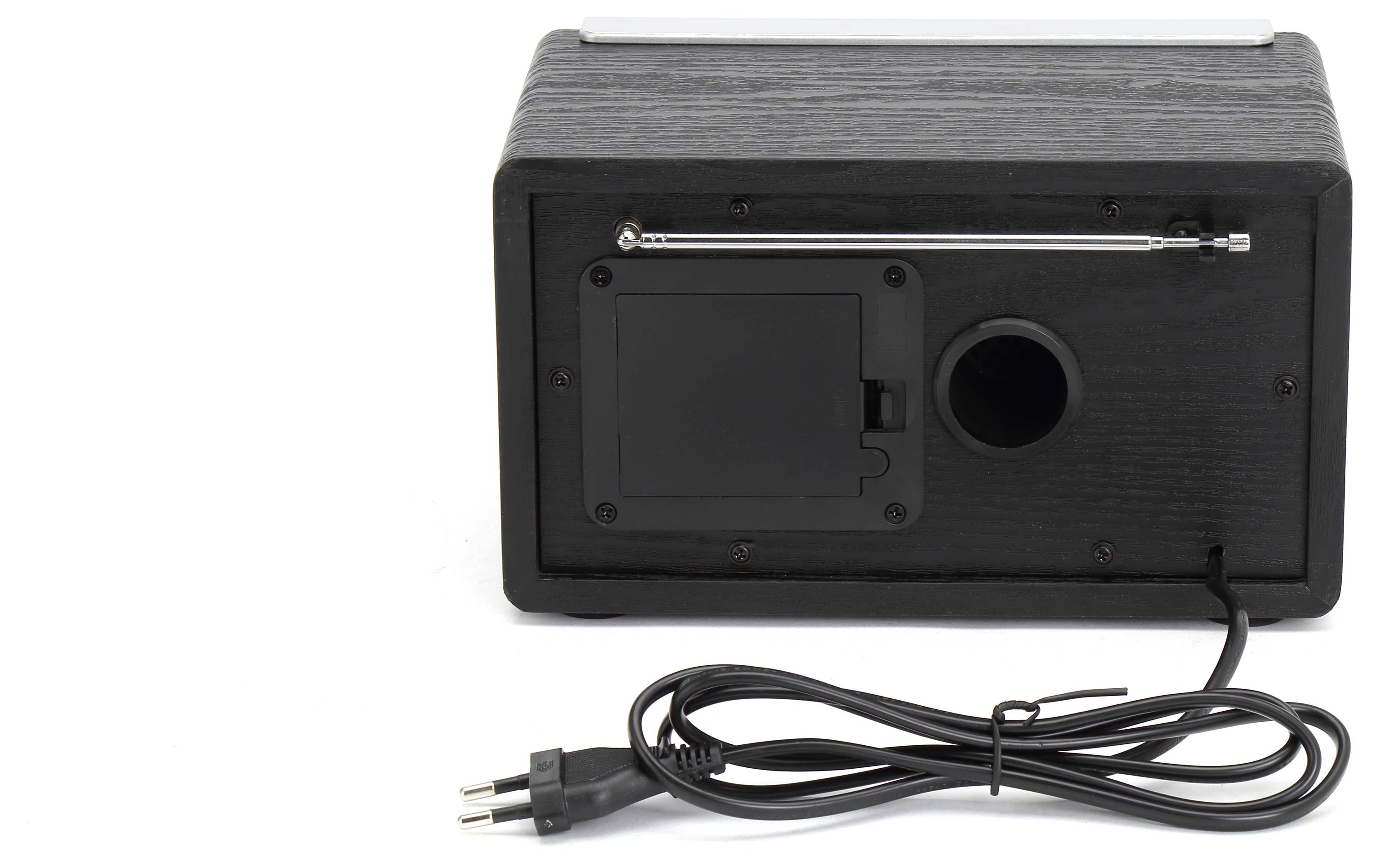 Schwarze Lautsprecherbox mit einer Rückseite, auf der ein Netzkabel und eine Lüftungsöffnung zu sehen sind. Ein Anschlusskabel ist aufgewickelt.