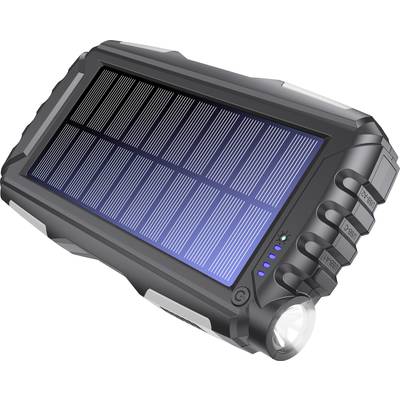 Tragbares Solarpanel-Ladegerät mit integrierter Taschenlampe, zeigt blaue Solarpaneele, mehrere Knöpfe und LED-Anzeigen auf der Seite.