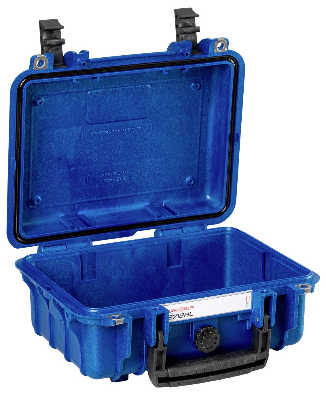Ein offener blauer Schutzkoffer mit einem Griff vorne. Der Deckel ist hochgeklappt. Für sicheren Transport kleinerer Gegenstände geeignet.