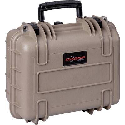 Ein robuster, beiger Koffer mit schwarzem Griff und Verschlüssen, markiert mit 'Explorer Cases', geeignet für den sicheren Transport.