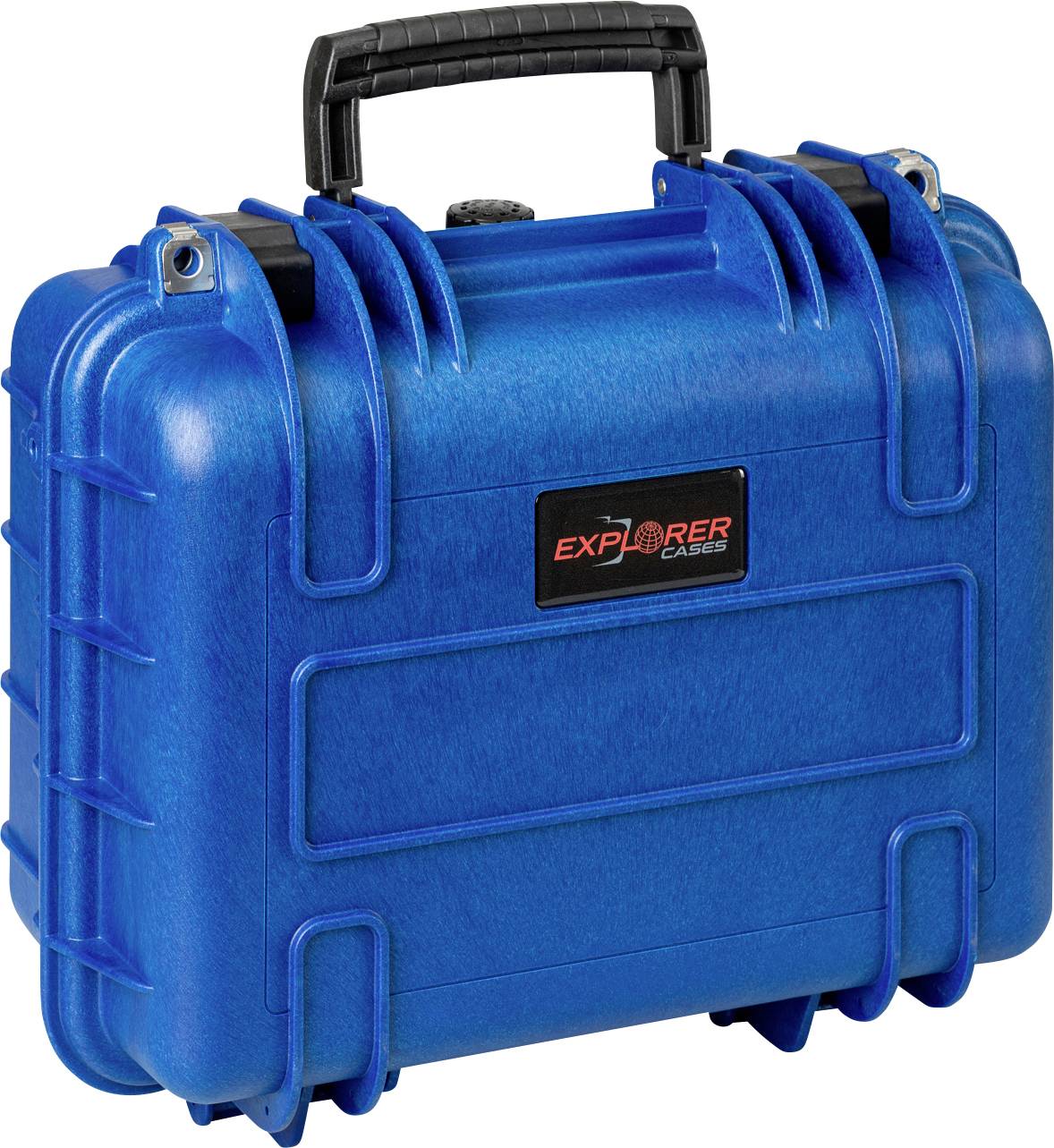 Blauer, robuster Transportkoffer mit schwarzem Griff und rotem 'Explorer Cases'-Logo auf der Vorderseite. Geeignet für sicheren Transport.