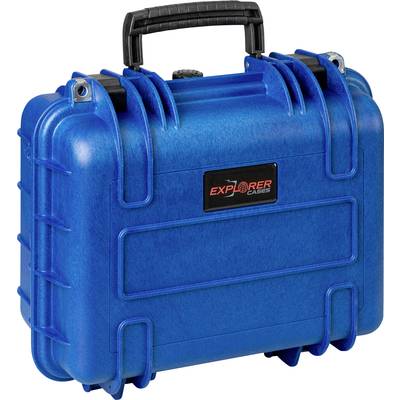 Blauer, robuster Transportkoffer mit schwarzem Griff und rotem 'Explorer Cases'-Logo auf der Vorderseite. Geeignet für sicheren Transport.