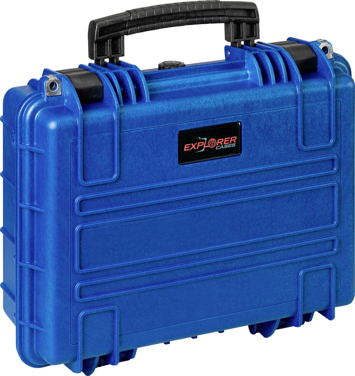 Blaue Transportbox mit schwarzem Griff, robustes Design. Aufschrift: 'Explorer Case'.