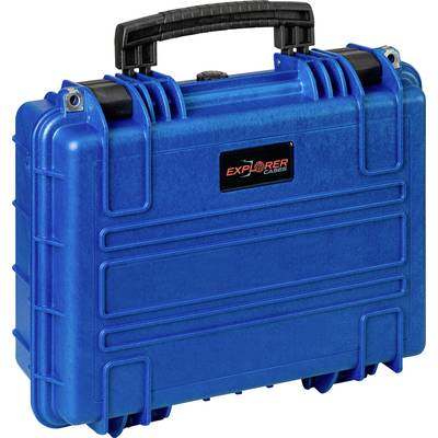 Blaue Transportbox mit schwarzem Griff, robustes Design. Aufschrift: 'Explorer Case'.
