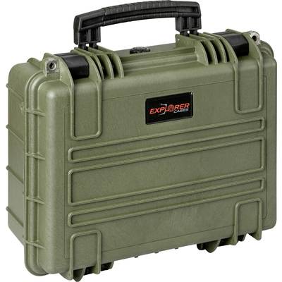 Grüner, robuster Koffer mit schwarzem Griff, beschriftet mit 'Explorer Cases'. Geeignet für sicheren Transport von Ausrüstung.