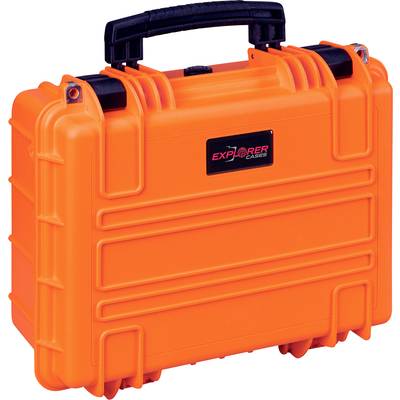 Ein orangefarbener, robuster Koffer mit einem schwarzen Griff, geeignet für den Schutz und den Transport empfindlicher Ausrüstung.