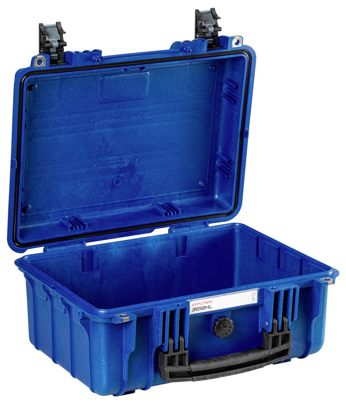 Ein geöffneter blauer Transportkoffer mit stabilem Griff und Schließen. Ideal für den sicheren Schutz und Transport empfindlicher Gegenstände.