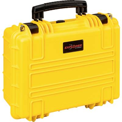 Gelber, robuster Koffer mit schwarzem Griff und 'Explorer Case'-Logo, geeignet für den sicheren Transport empfindlicher Geräte.