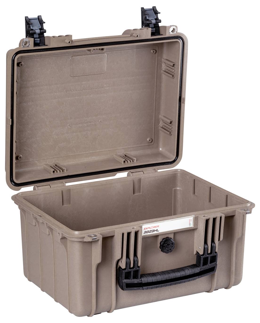 Ein geöffneter, robuster Lagerbehälter in Braun mit schwarzem Griff und Verschluss. Ideal für sicheren Transport und Aufbewahrung.