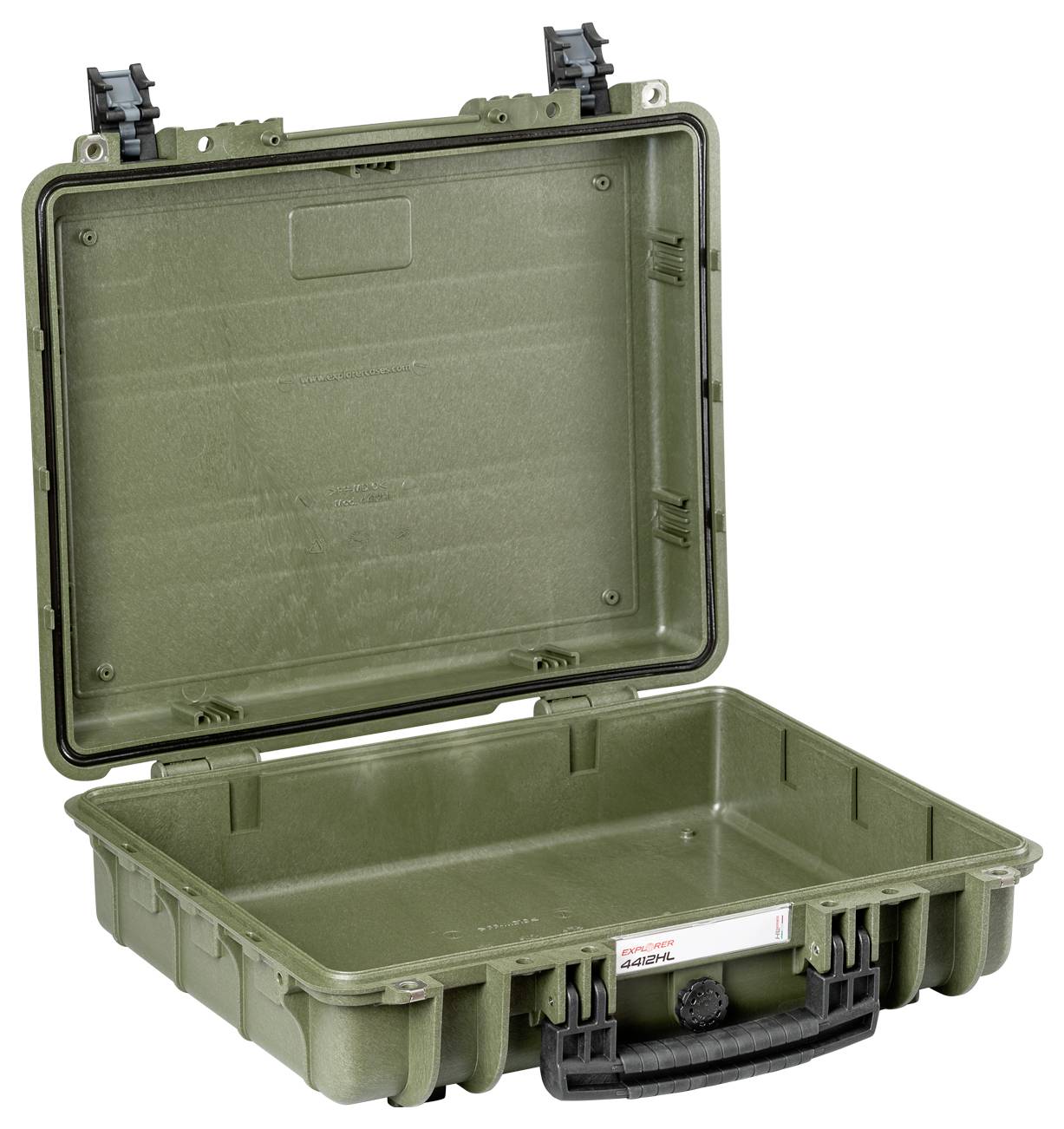 Ein offener, olivgrüner Hartschalenkoffer mit Schaumstoffpolsterung. Ideal für sicheren Transport von empfindlichen Geräten.