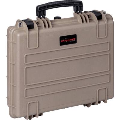 Beige Kunststoffkoffer mit einem schwarzen Griff, deutliches "Explorer" Logo auf der Vorderseite.