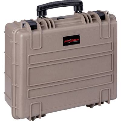 'Explorer Cases'-Transportkoffer in Beige mit schwarzem Griff. Robuste Bauweise, ideal zum Schutz empfindlicher Ausrüstung.
