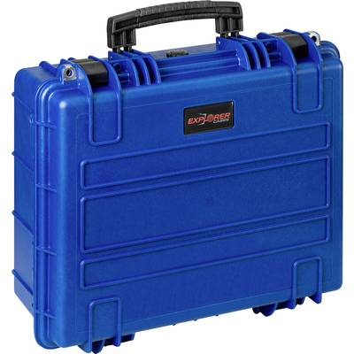 Ein blauer, robuster Koffer mit Griff und Verschlüssen, geeignet für den sicheren Transport von empfindlichen Gegenständen.
