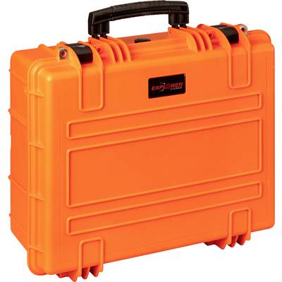 Ein leuchtend orangener, stabiler Schutzkoffer mit einem schwarzen Griff.
