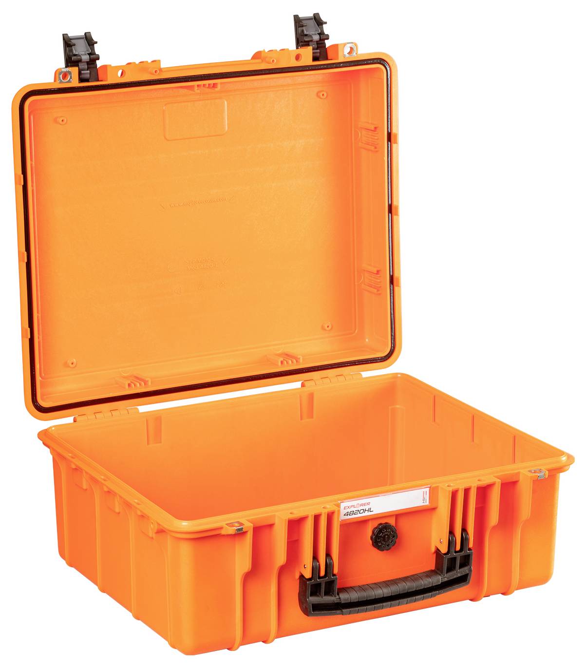 Ein leuchtend orangefarbener, offener Hartschalenkoffer mit schwarzem Griff und Schnappverschlüssen.