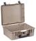 Ein offener rechteckiger, sandfarbener Schutzkoffer mit verstärkten Ecken und schwarzem Griff. Ideal zum sicheren Transport von empfindlichen Gegenständen.