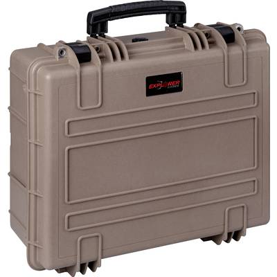 Ein brauner, robuster Transportkoffer mit schwarzem Tragegriff und Verschlüssen. Auf dem Koffer steht 'Explorer'.